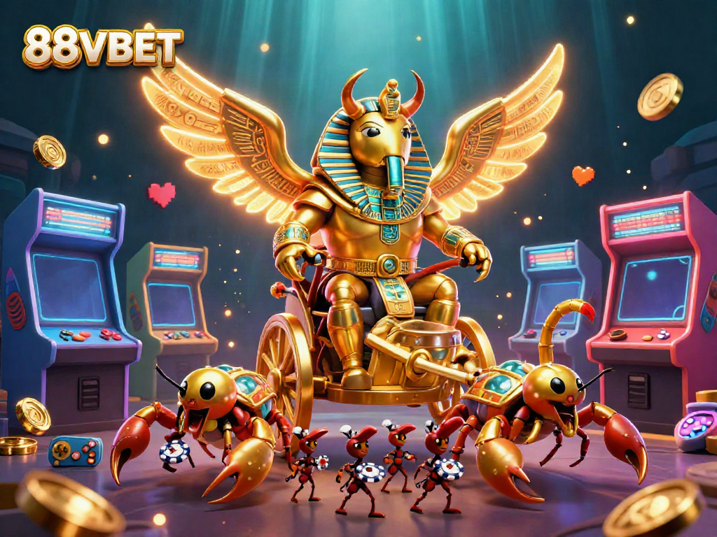 Experience the excitement of 88VBET with this vibrant 3D illustration of a golden scarab beetle and gaming elements.