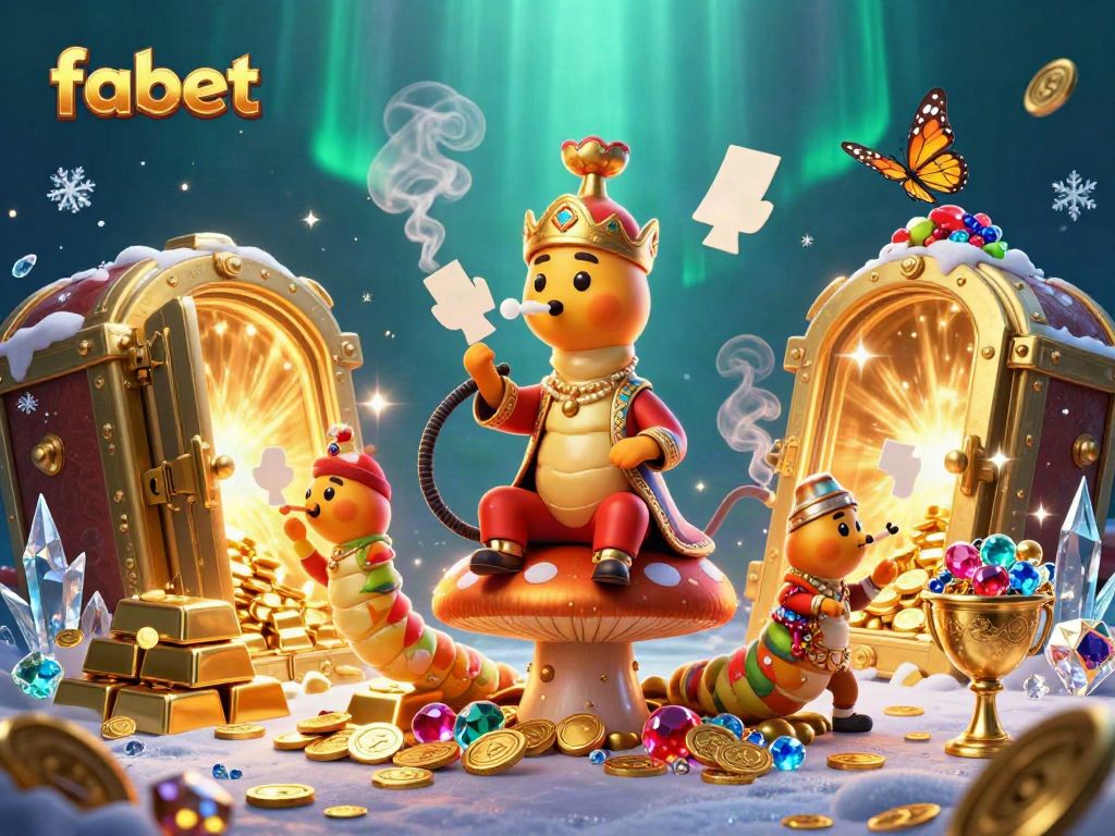 Experience the excitement of fabet with a vibrant illustration of treasures and games at a grand casino setting.