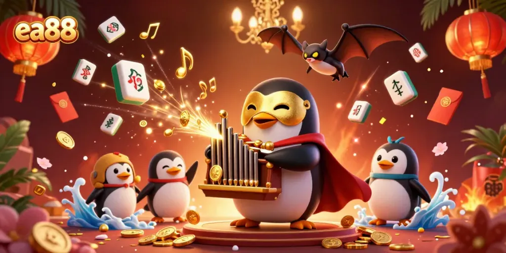 Experience thrilling gameplay in ea88 with a whimsical casino scene featuring a golden penguin organist and floating treasures.