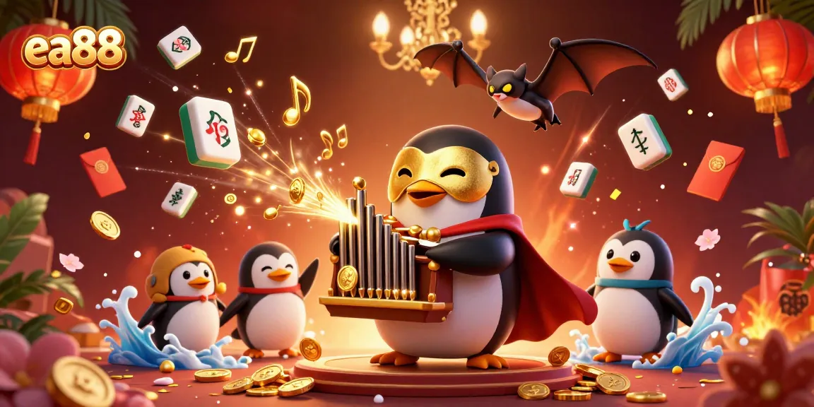 Experience thrilling gameplay in ea88 with a whimsical casino scene featuring a golden penguin organist and floating treasures.