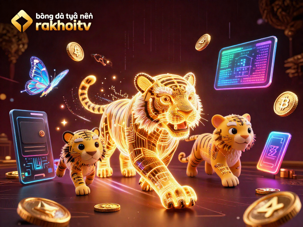Experience bóng đá trực tuyến rakhoitv with a vibrant 3D casino scene featuring a neon tiger and crypto coins.