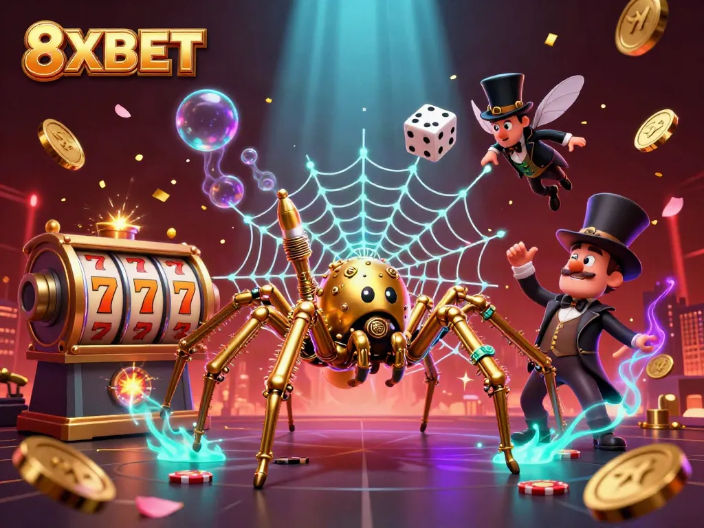 Engage with 8XBET through a lively 3D scene filled with dynamic slot reels, golden coins, and vibrant cherry blossoms, capturing the excitement of online gambling.
