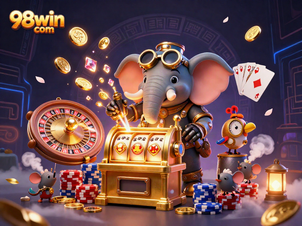 Play exciting games at 98win com with a dynamic casino scene showcasing a steampunk elephant and thrilling gambling elements.