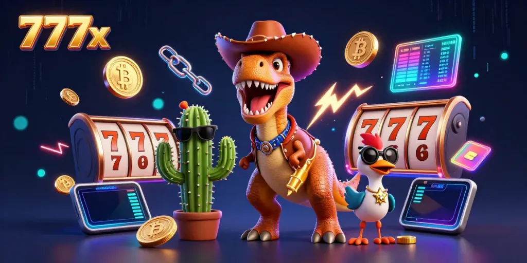 Engage in thrilling casino action with 777x, featuring a T-Rex cowboy and casino-themed elements.