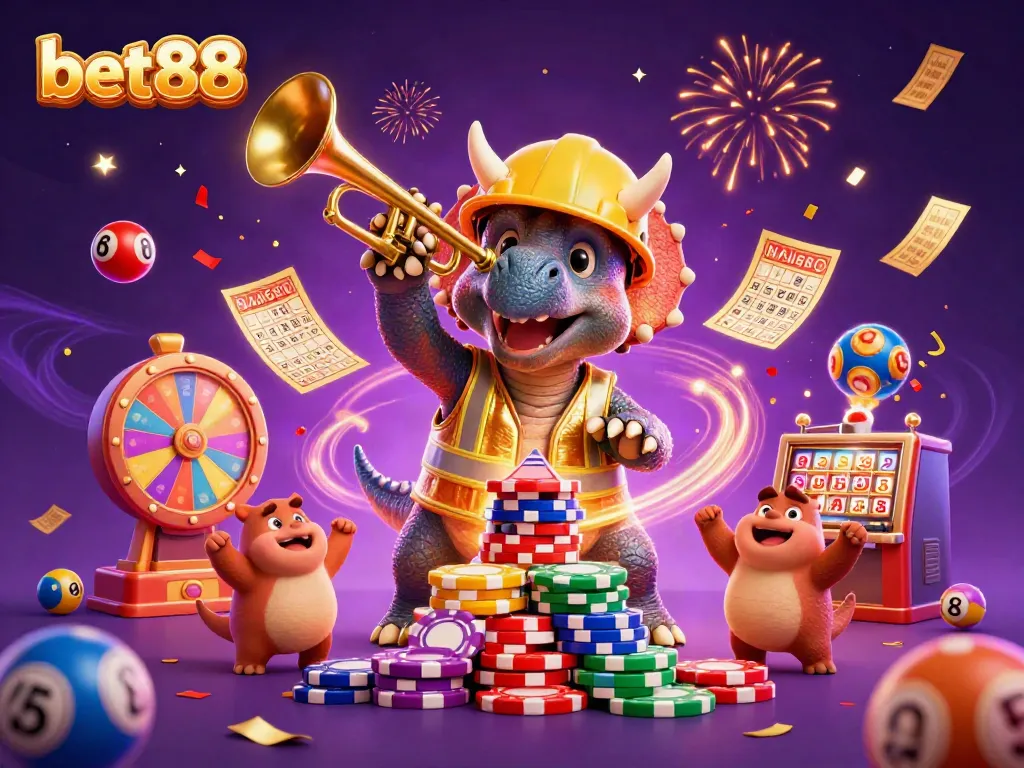 Celebrate wins at bet88 with triceratops stacking poker chips in a vibrant casino.