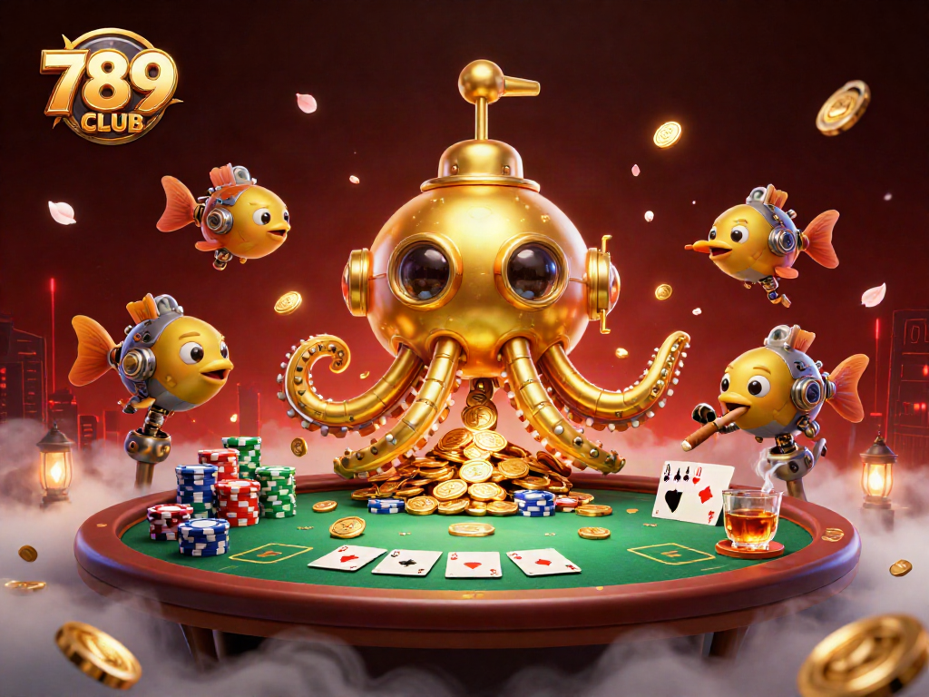 Join 789CLUB in an electrifying poker scene with a mechanical kraken and floating gold!