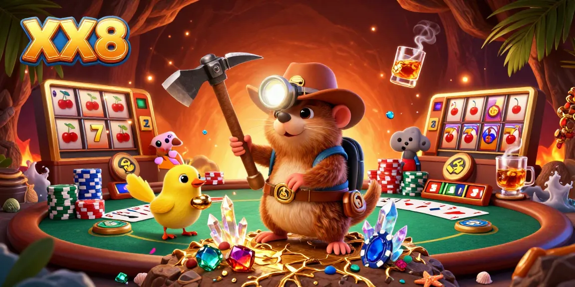 Engage with the vibrant XX8 online casino world through a lively illustrated scene filled with treasure hunting and gaming elements.