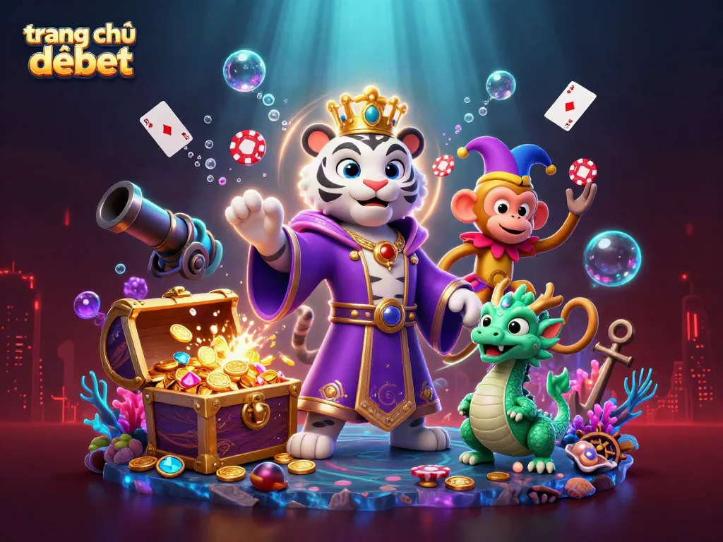 Engage with the vibrant scene of trang chủ debet featuring a majestic white tiger and golden monkey in a colorful casino world.