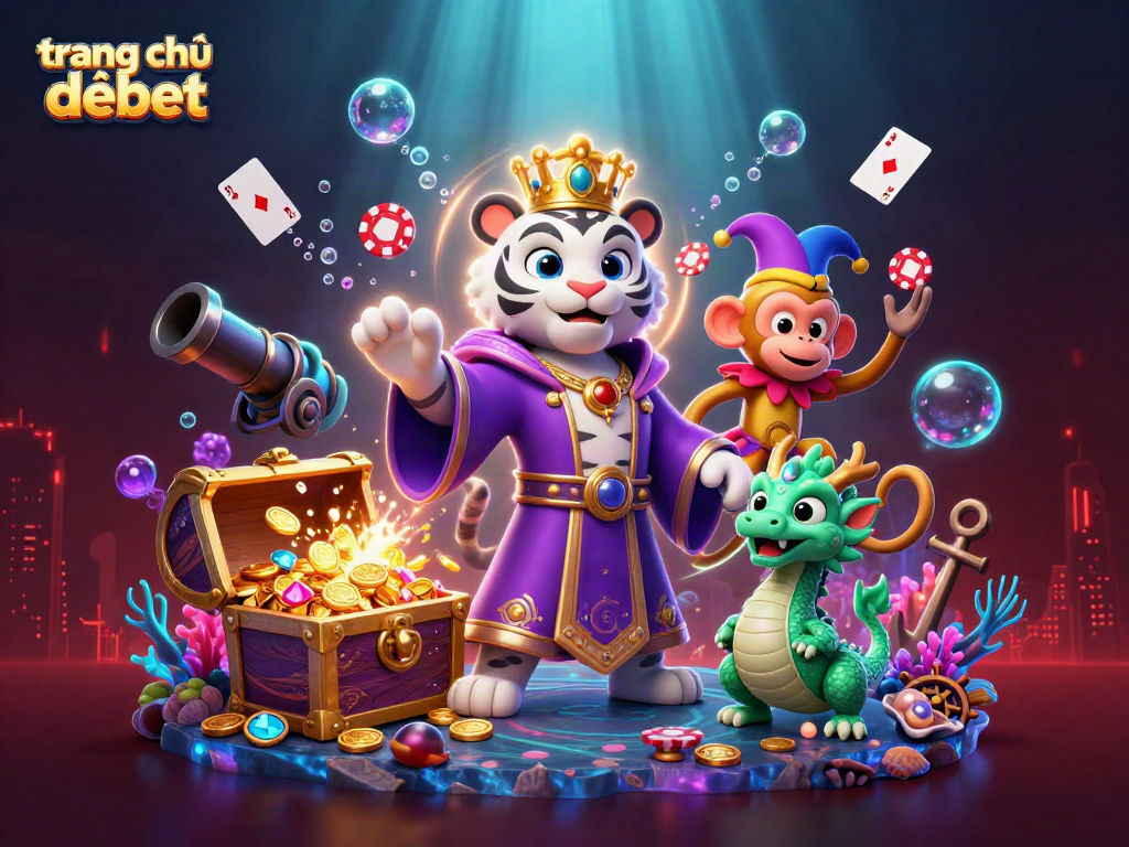 Engage with the vibrant scene of trang chủ debet featuring a majestic white tiger and golden monkey in a colorful casino world.
