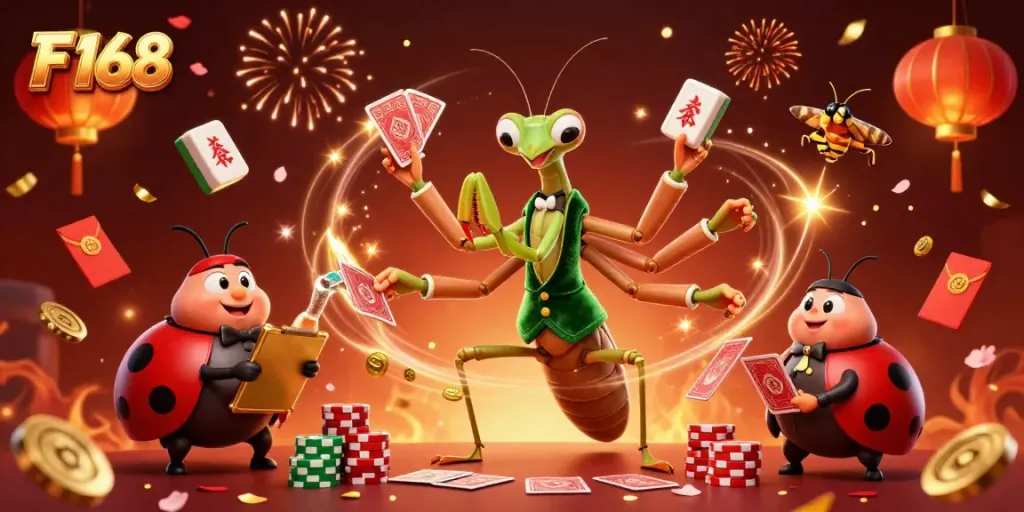 Engage in thrilling casino action with F 168's vibrant illustration featuring a giant praying mantis card sharp, ladybug pit boss, and dynamic game elements.