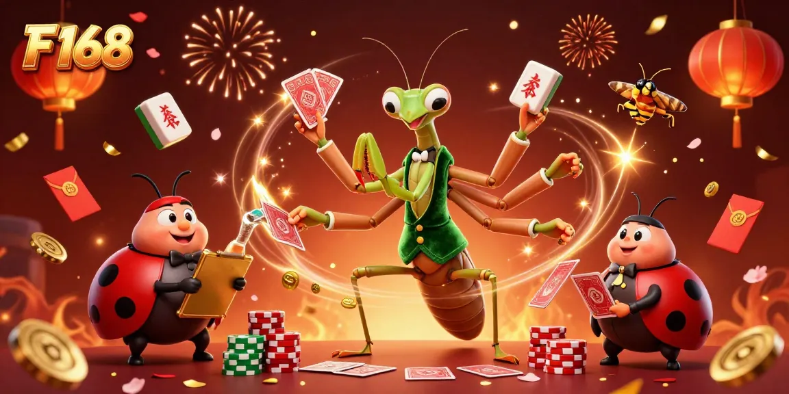 Engage in thrilling casino action with F 168's vibrant illustration featuring a giant praying mantis card sharp, ladybug pit boss, and dynamic game elements.