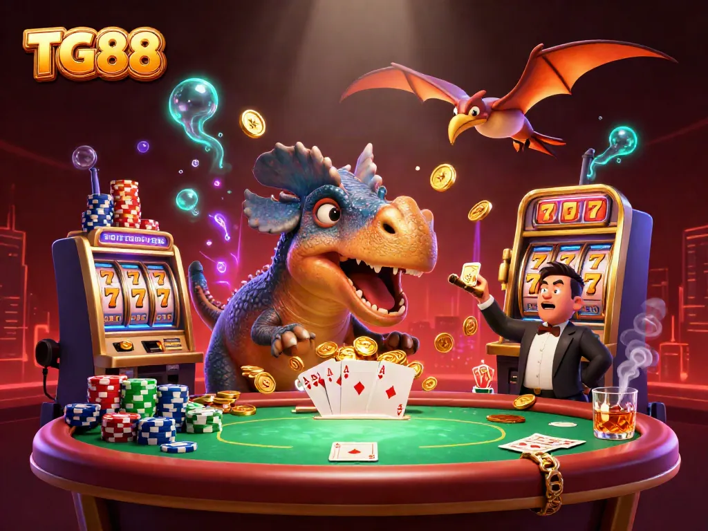 Experience excitement at TG88 as a dinosaur wins jackpot coins from a slot machine.
