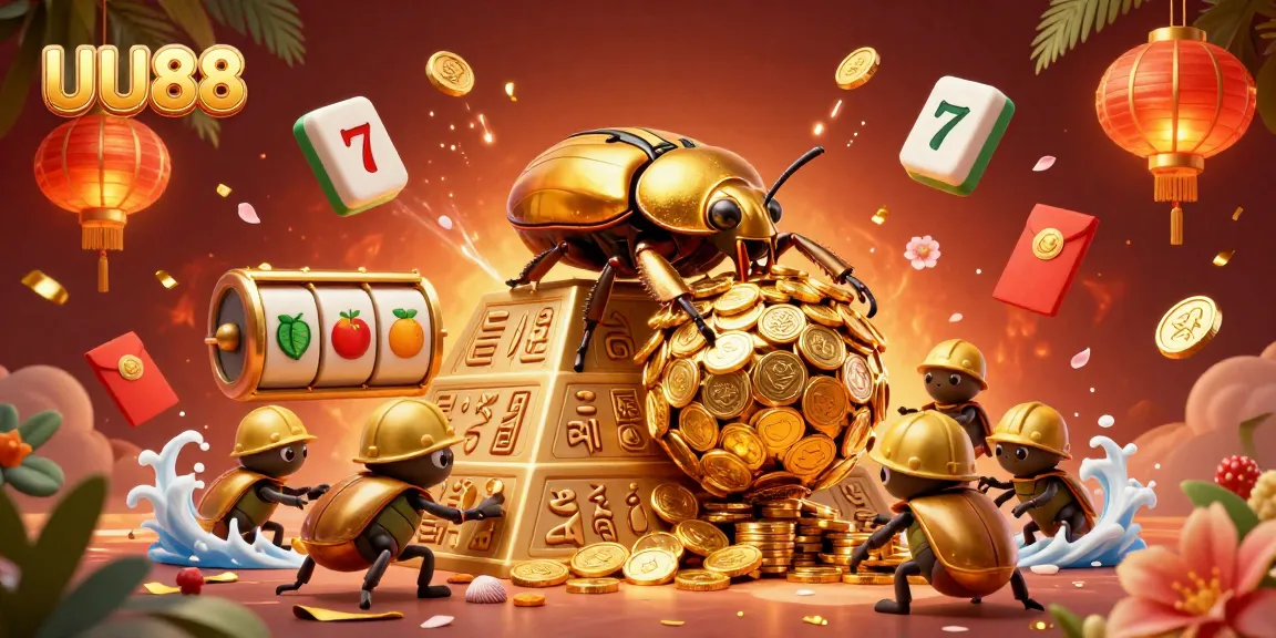 Experience thrilling gameplay at UU88 with golden dung beetles and vibrant casino elements in a dynamic 3D illustration.
