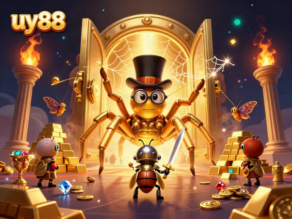 Experience ultimate excitement with uy88, as a golden tarantula and beetle knight bring dynamic casino vibes to life in 3D illustration.