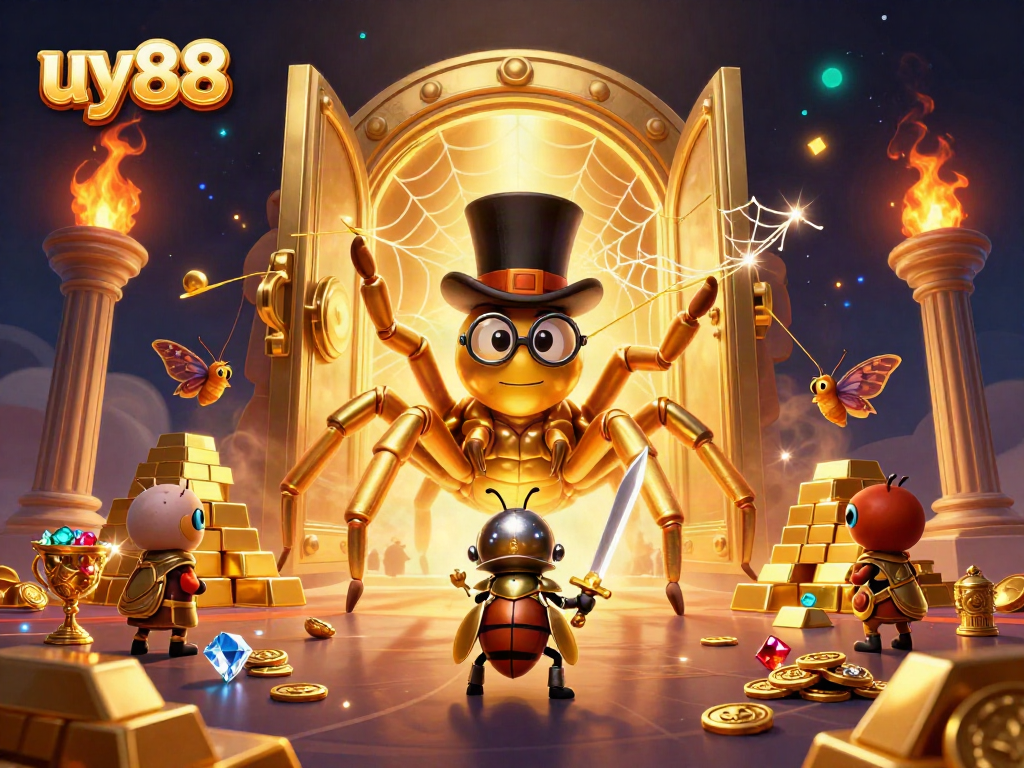 Experience ultimate excitement with uy88, as a golden tarantula and beetle knight bring dynamic casino vibes to life in 3D illustration.