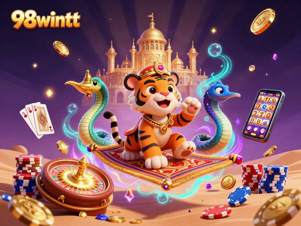 Experience thrilling wins at 98wintt with this enriched digital illustration showcasing festive gambling elements.