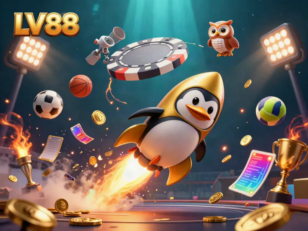 Experience thrilling gameplay at LV88 with a golden penguin racing towards a vibrant casino!