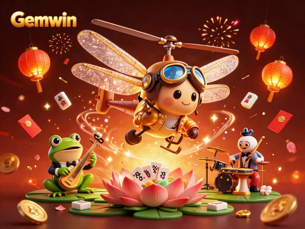 Gemwin casino scene with a dragonfly pilot, frog croupier, and jazz musicians creating dynamic gambling energy.