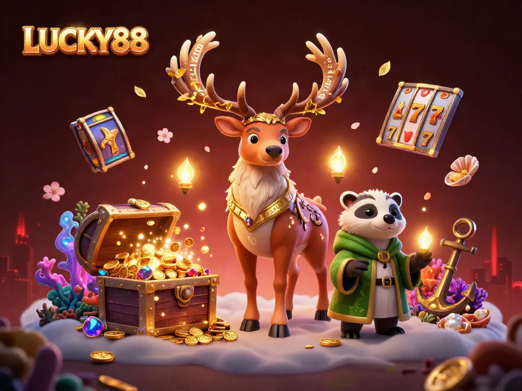 Immerse in LUCKY88 as a Celtic stag and wise badger navigate treasures and vibrant scenes.