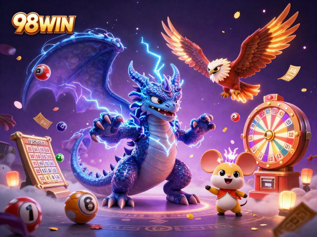 Activate winning streaks with 98WIN’s colorful dynamic casino scene featuring lottery and bingo elements.