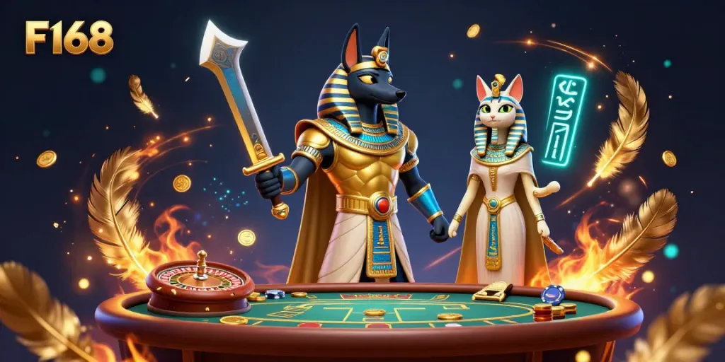 Experience the thrill of F168 with Anubis and Bastet in a dynamic casino scene.