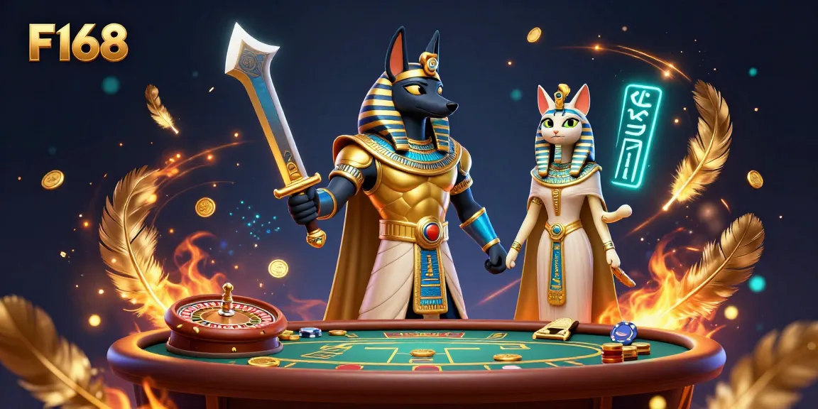 Experience the thrill of F168 with Anubis and Bastet in a dynamic casino scene.