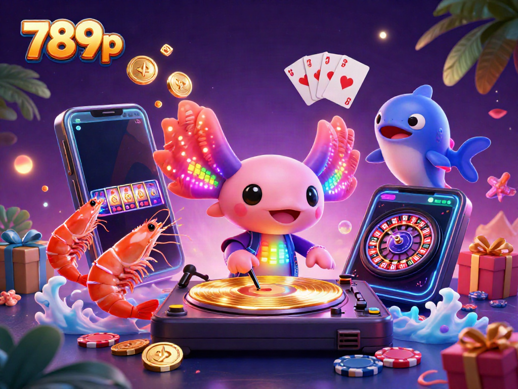 Experience the dynamic charm of 789p with a lively underwater casino scene featuring a neon axolotl DJ and energetic sea creatures.