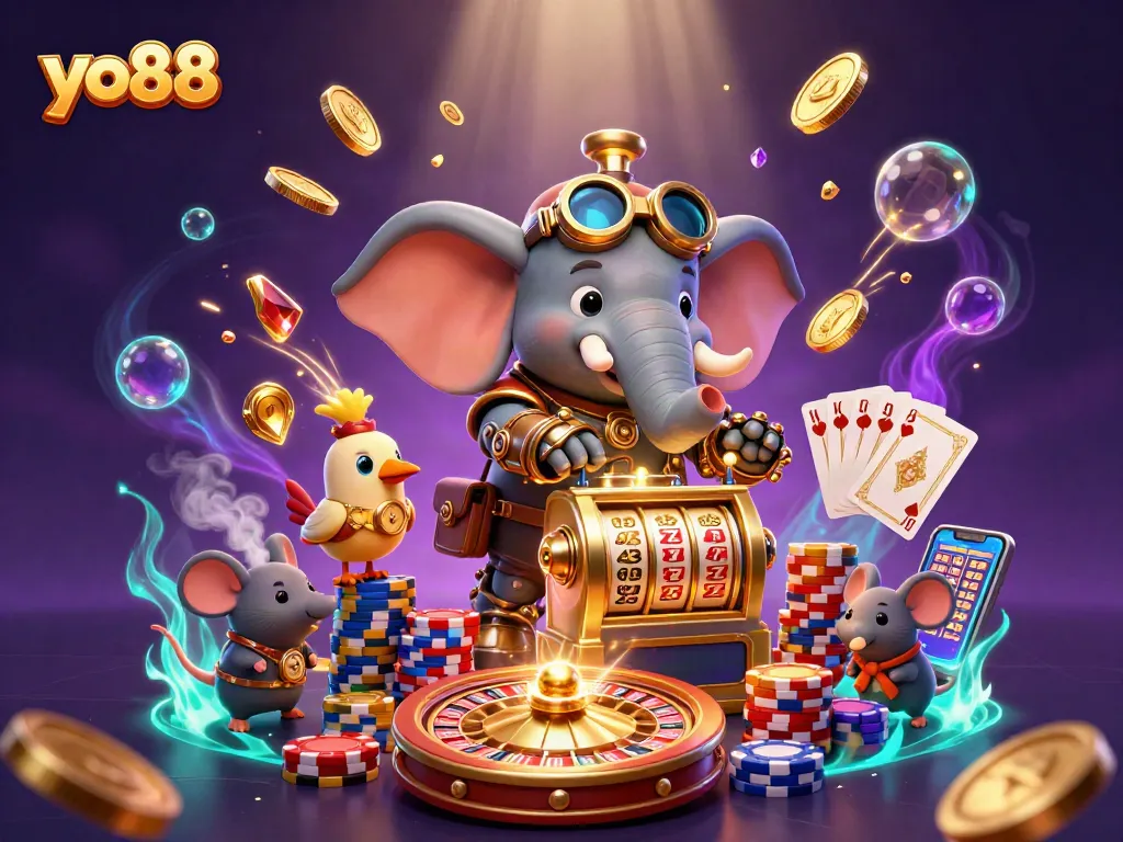 Experience thrilling wins at yo88 with a whimsical 3D steampunk casino scene.