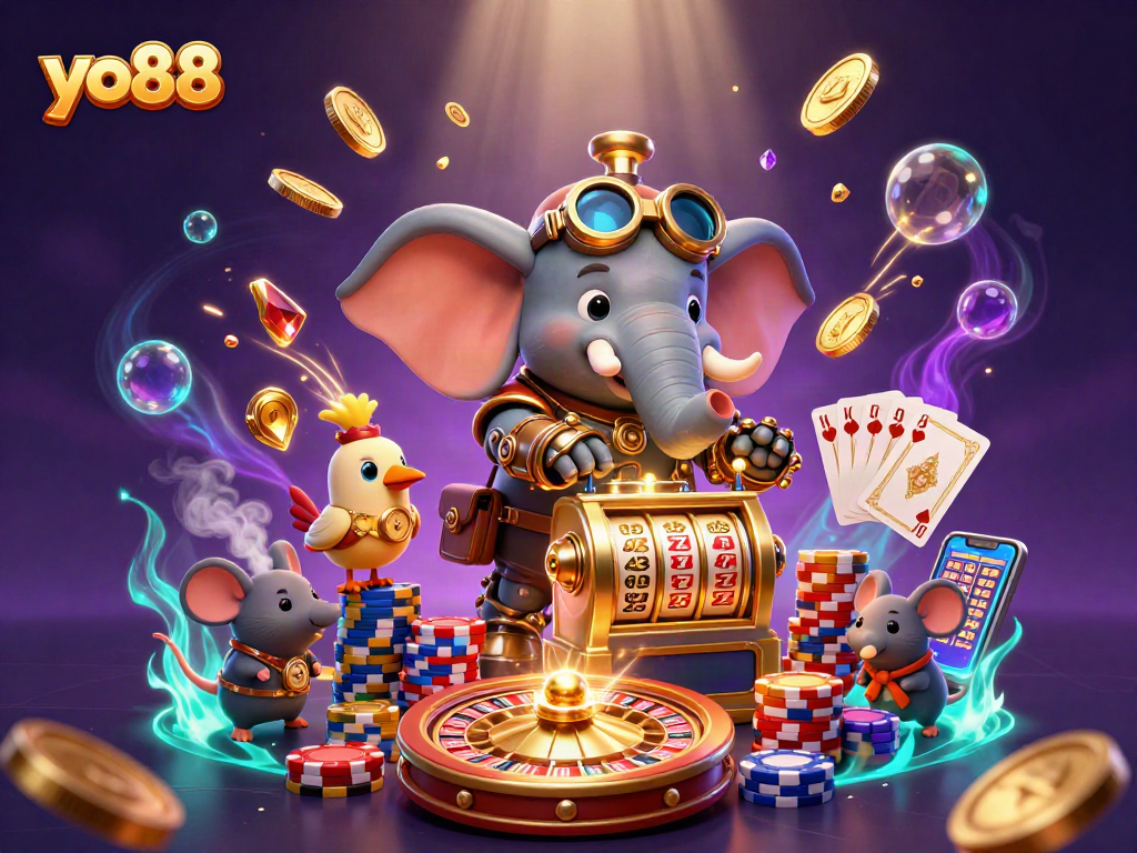 Experience thrilling wins at yo88 with a whimsical 3D steampunk casino scene.