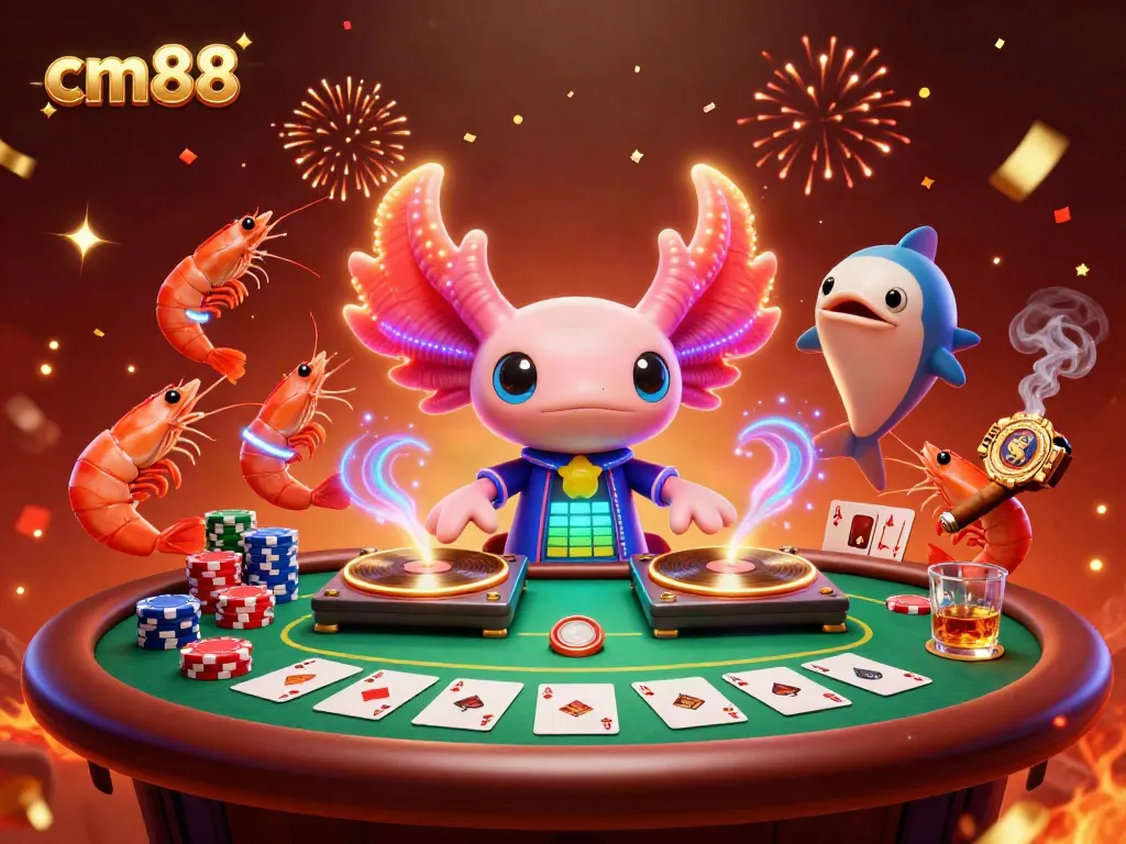 Experience vibrant excitement with cm88 at an underwater casino, featuring a lively axolotl DJ and dancing shrimp.