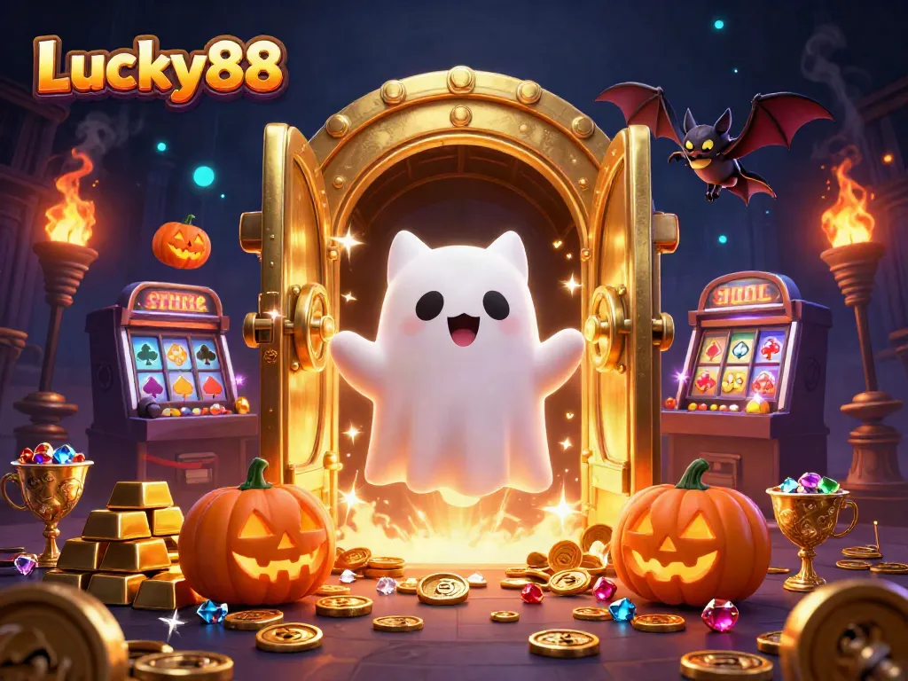 Play exciting games at Lucky88 featuring a ghost cat in a haunted casino environment.