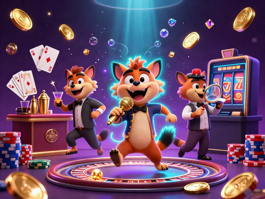 Experience the vibrant energy of TATA4D's comedy casino club, featuring lively hyena characters and sparkling gaming elements.