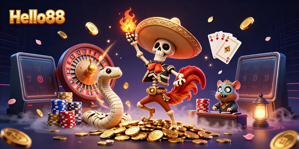 Celebrate wins at Hello88 with dynamic casino characters amidst a shower of coins and light.