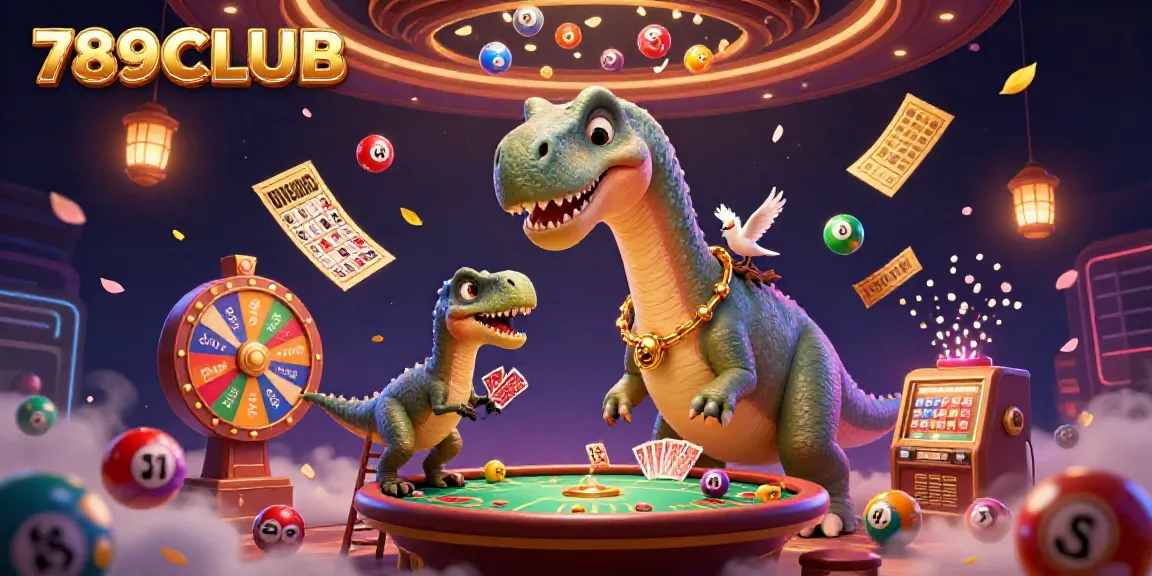 Engage in thrilling games at 789CLUB with a colorful cartoon casino scene featuring dynamic lottery elements.