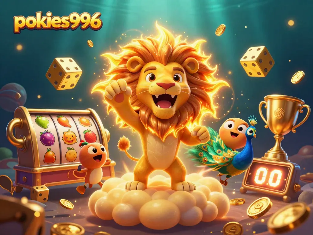 Experience the excitement of pokies996 with vibrant slot reels and gold coins illuminating your game.