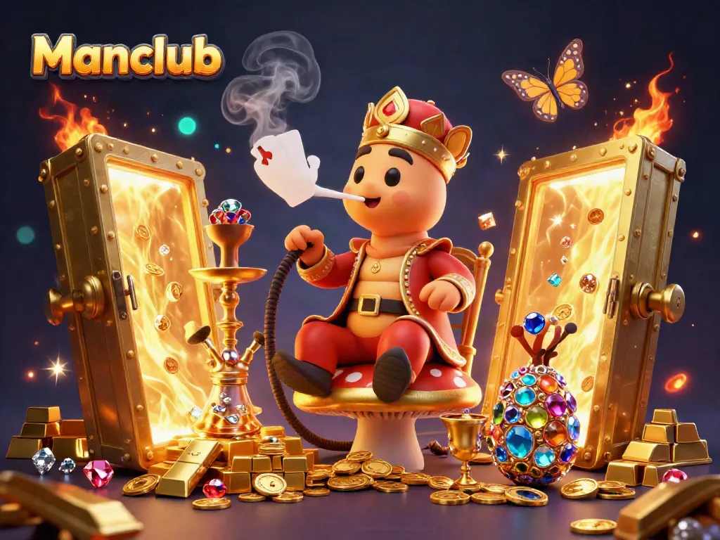 Manclub engages players with a vibrant casino environment featuring a unique caterpillar character surrounded by treasures.
