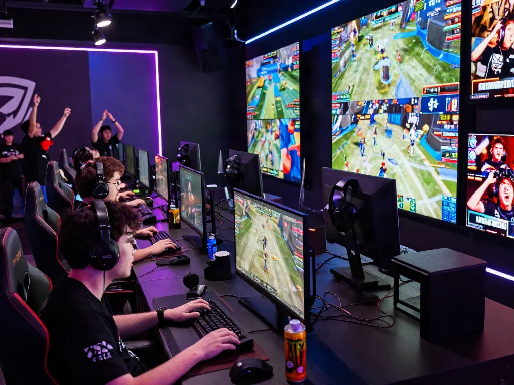 Exciting esports tournament scene showcasing players, monitors, and vibrant atmosphere with istana404 branding.