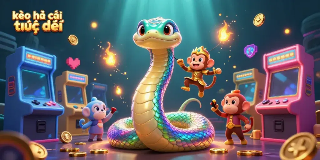 Engage with the vibrant world of kèo nhà cái trực tiếp as a mystical rainbow serpent and a playful monkey king bring excitement to live sports betting.