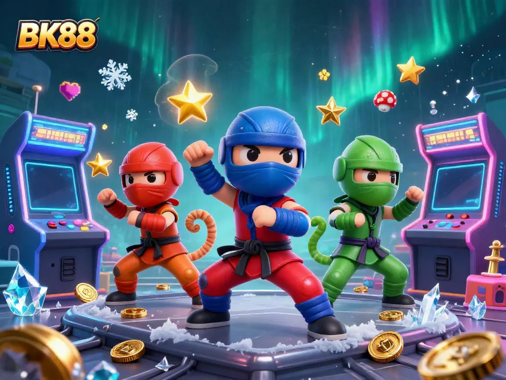 Engage with the dynamic BK88 casino scene featuring ninja chameleons and vibrant gaming elements.