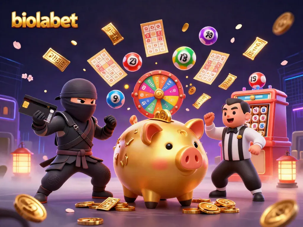 Experience the thrilling world of biolabet with an illustration of dynamic casino action featuring cartoon characters and vibrant gambling elements.
