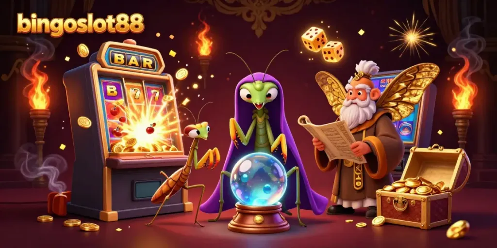 Raih kemenangan dengan bingoslot88 dalam ilustrasi kasino penuh warna yang memukau.