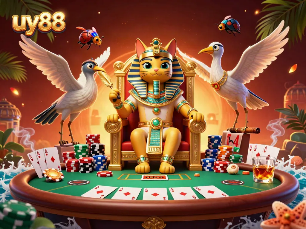 Engage in thrilling gameplay at uy88, featuring an Egyptian pharaoh cat with poker elements and vibrant atmosphere.