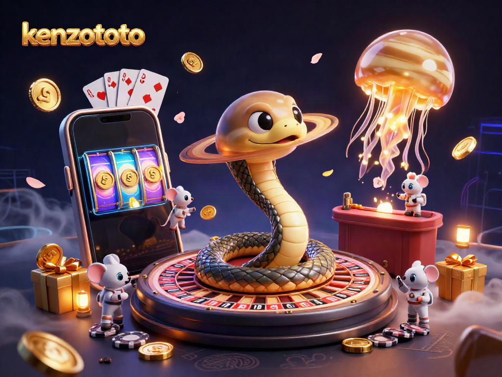 Engage with kenzototo featuring a cosmic roulette scene with spinning slot games and astronaut mice betting.