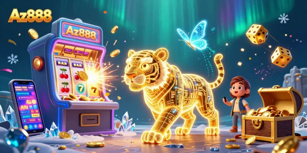 Experience thrilling gameplay with Az888's vibrant slot scenes filled with jackpots and neon designs.