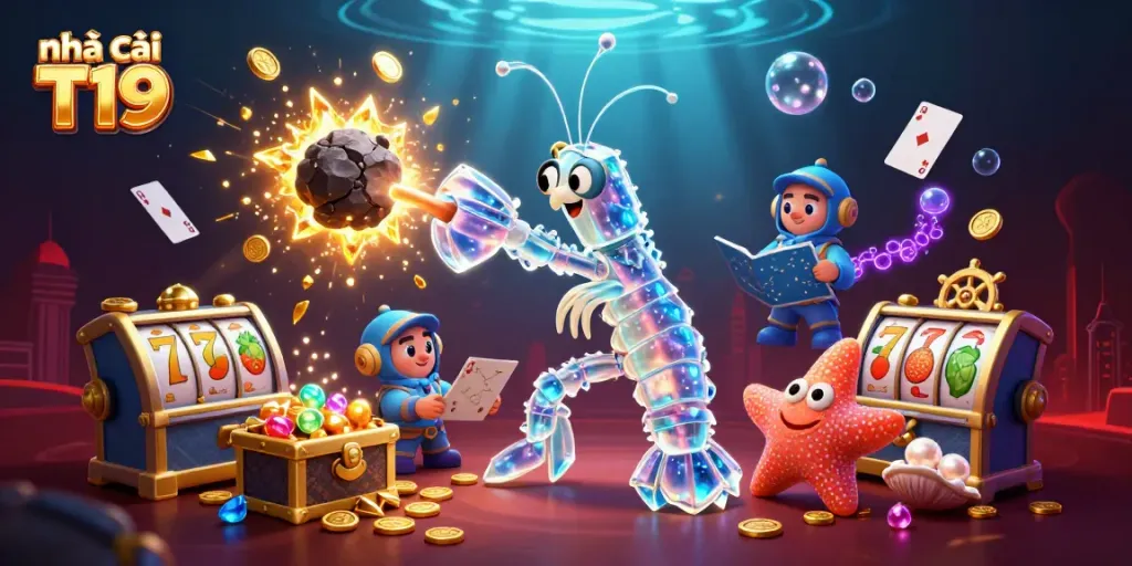 Engage in thrilling action at nhà cái T19 with a galactic samurai and starfish navigating an animated casino world.