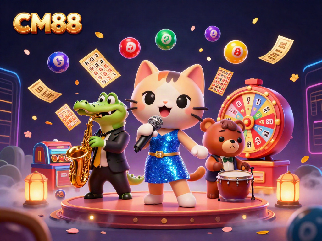Experience exciting games at CM88 with colorful lottery balls and animated casino characters.
