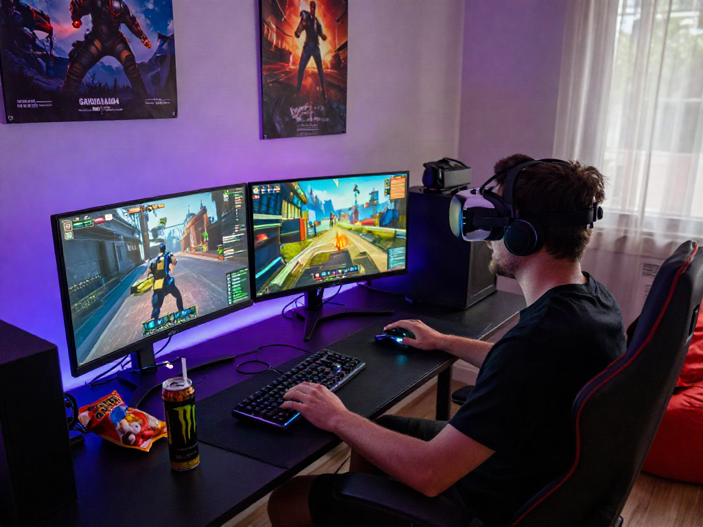 Gamer engaging with garuda404 in a vibrant gaming setup with dual monitors and immersive atmosphere.