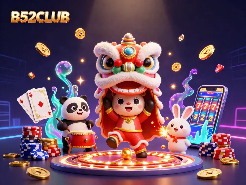 Engage with B52CLUB through a dynamic scene of a festive dance and thrilling casino elements.