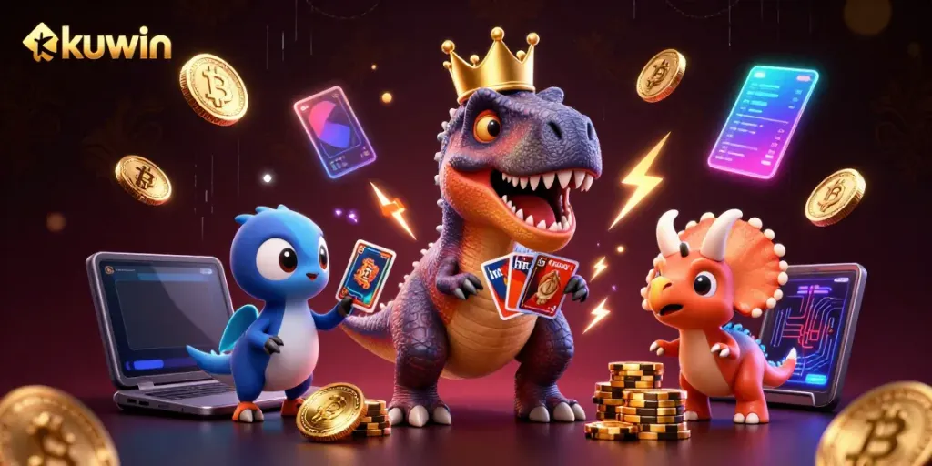 Play exciting casino games at kuwin with animated dinosaurs and glowing coins in a vibrant setting.