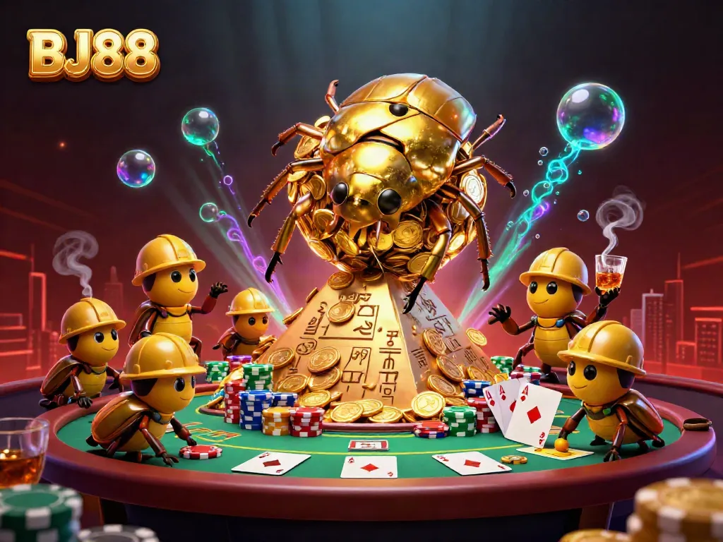 Visualize BJ88 with a golden beetle rolling coins and casino elements in a dynamic casino scene.